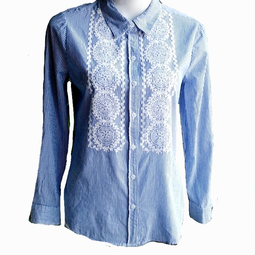Tantrums Blue White Cotton Striped  Shirt Embrodery Lace Derailp Size Small